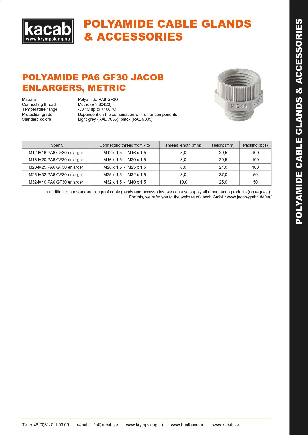 Polyamide PA6 GF30 Jacob Enlargers Metric Cable Glands